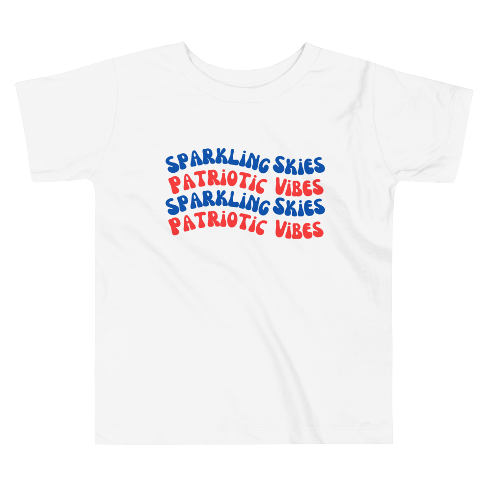 Sparkling Skies, Patriotic Vibes, Sparking Skies, Patriotic Vibes, Fourth of July Collection, Toddler Short Sleeve Tee, 2T - 5T, 100% Cotton, Soft, Durable, Comfortable, and Stylish.